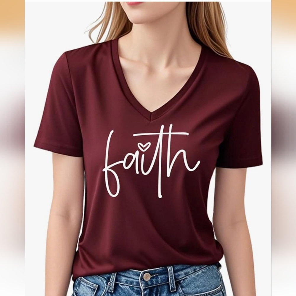 Faith Script V-Neck Tee - Burgundy M